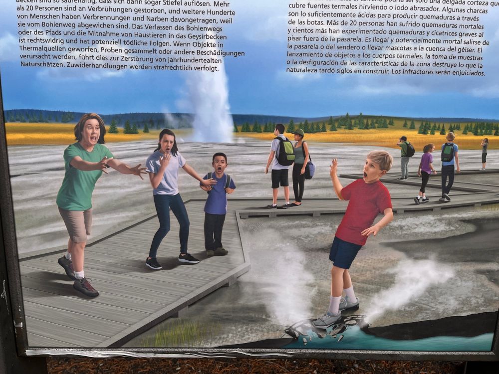 A sign advising that you not walk over the geysers. The illustration—of a bit making an “oh no!” Face as he falls into a thermal—borders in comical. 