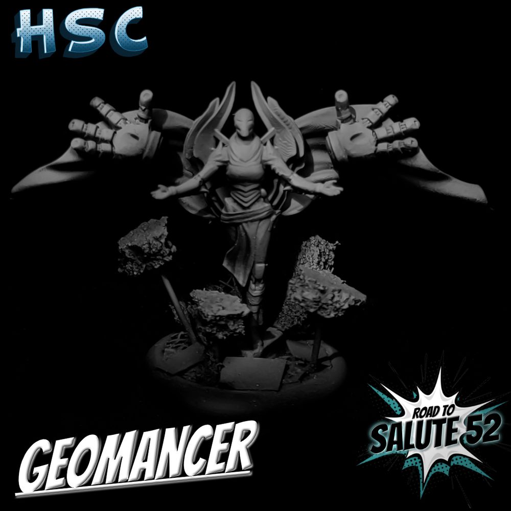 A image of a 28mm sleek feminine robot with arms out in a welcoming pose, a cloak lifting against gravity and additional giant robot hands making a similar gesture, as rubble is suspended of the miniature's base to appear as if being raised from the ground. 