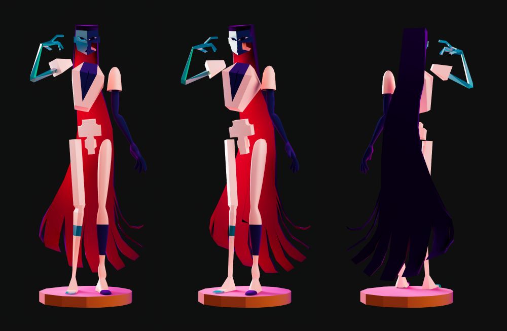 Three 3D rendered shots at various angles of a posed character named Psychesoma, an ENAsona OC. They have their glass hand raised to their face in a striking pose, the other arm hanging delicately yet strongly. Their hair flows down to their ankles, ending in multiple rectangular flowing strands. They are colored.