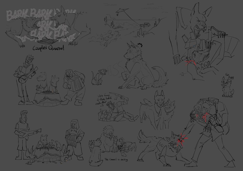 various doodles of Tracker the dog and Amora the German Shepherd. The first one is of the two of them angrily barking at each other over a half opened package of bacon. The second doodle is a short comic of Anne the Houndmaster and The Glider setting up a Bella Notte Lady and The Tramp spaghetti date for the two of them, with accompanying music of an accordion and a lute(?) The second panel is how dogs would realistically react to a giant plate of spaghetti put in front of them (eating it messily). The middle top doodle is of Anne driving her truck with Glider flying in the sky, a piece of meat dangling from his jumpsuit, so the dogs have something to chase throughout the badlands. The doodle below that is of Amora and The Overseer (a hairless cat), the cat is hissing at Amora, and Amora is shocked and stressed by this. The doodle under this is of Anne the Houndmaster and The Backup trying to kill each other while Tracker and Amora walk on by, enjoying each other's company. The doodle under this is of Tracker meeting Amora's family (Anne's other dogs) and Tracker standing anxiously still while they inspect her. The top right doodle is of an MvM robot version of Tracker biting Amora, and The Tracker about to bite the robot version of herself for attacking Amora. The middle right doodle is of a puppy fankid of Tracker and Amora. The bottom right doodle is of Tracker and Amora tearing apart Spy, Tracker on his back at the throat and Amora biting his wrist.