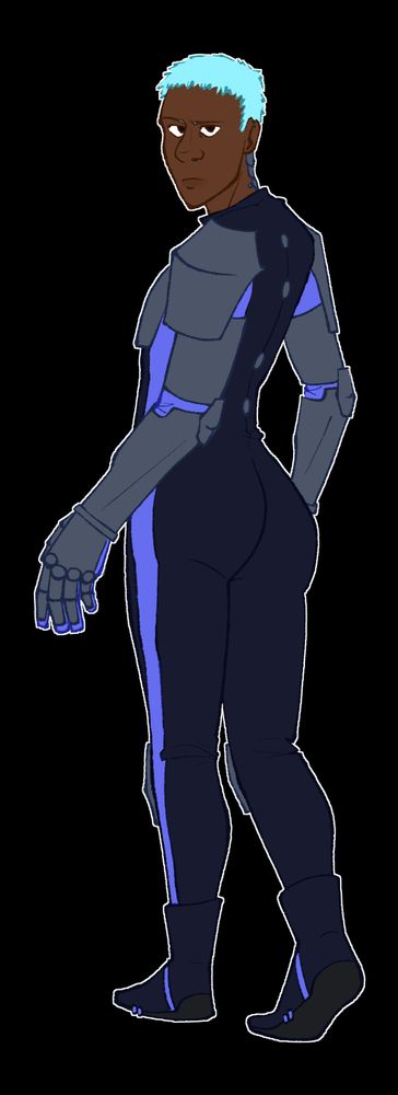 A fullbody shot of a man of color with light cyan hair turning his head to face the viewer, because of his pose his behind is posed for the viewer.