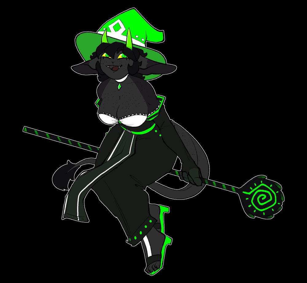 A fullbody shot of a goblinoid woman sitting on a staff. Her skin and hair is midnight black, her outfit is as well. She has spots of green on her outfit, and her hat and horns are neon green.