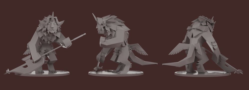 Three 3D rendered shots of an Elden Ring Leonine Misbegotten oc from various angles. He is in a simplified, chibi, low poly art style and uncolored. He is standing with a >:3 grin, and holding his halberd backwards. In the tip of the halberd is a fish he just caught.