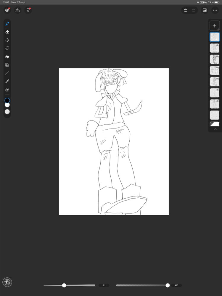 screenshot of clip studio showing a still work in progress line art of a lop eared bunny rogue 