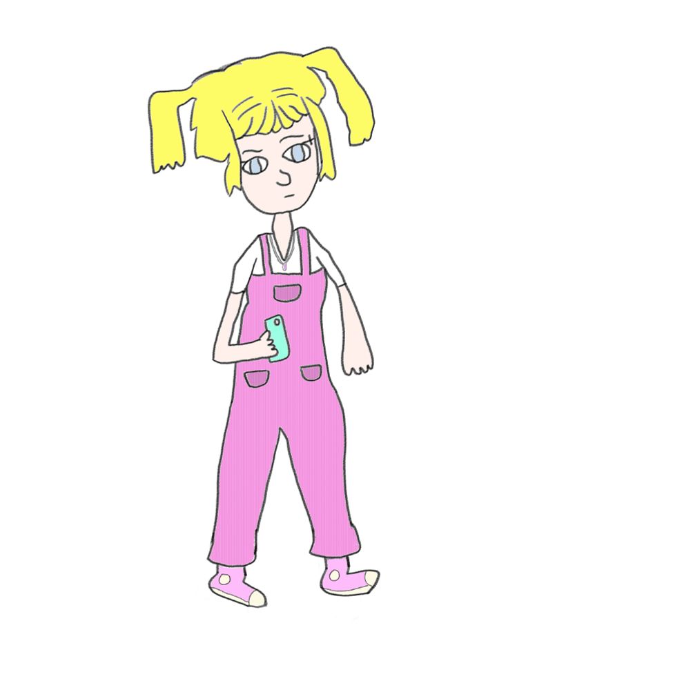 "art" of an yellow haired lainey in pink cord dungarees