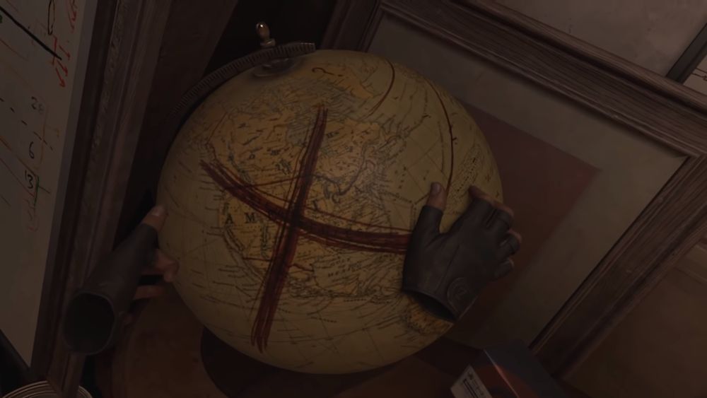 An image of a globe from Half-Life Alyx with a massive cross over the entirety of North America