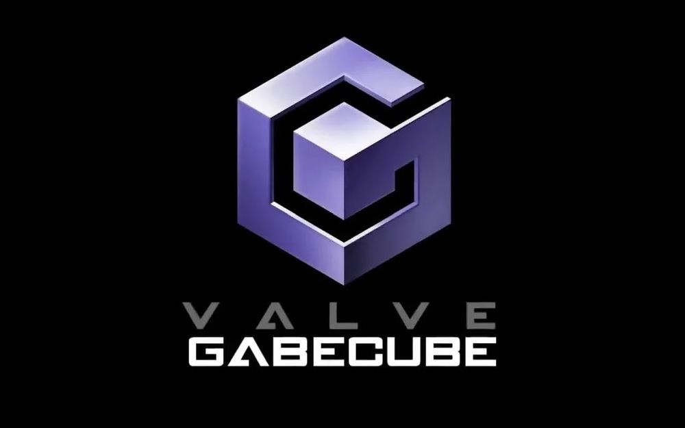 a play off of the Nintendo GameCube logo with it still having the same image but with the caption Valvel GabeCube 

black background, purplish blue square thingy with grey and white letters 