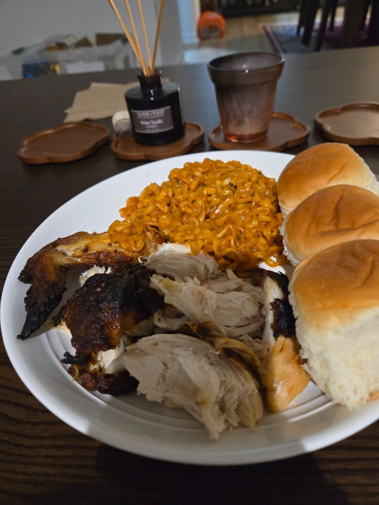 rotisserie chicken that's shredded with buldak creamy carbonara noodles and Hawaiian rolls 