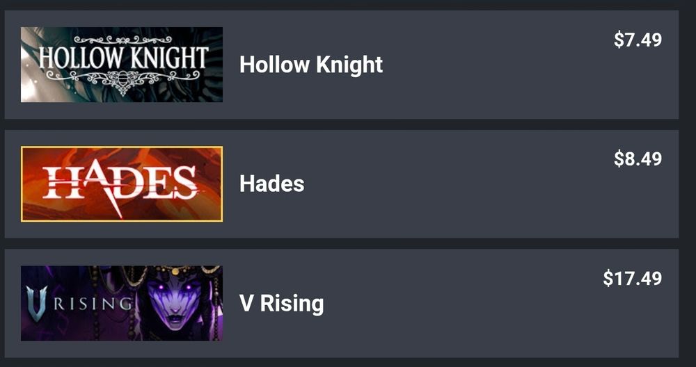 receipt for steam games. with Hollow Knight, Hades, and V Rising 