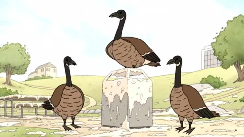 Three geese in a park, one of which is perched on top of a trash can. There is a LOT of goose poop all over the place.