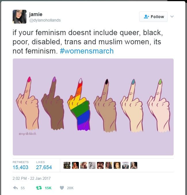 Tweet by user Jamie reads: “If your feminism doesn’t include queer, black, poor, disabled, trans, and Muslim women, it’s not feminism. #womensmarch.” Below are illustrations of six diverse hands — different skin tones and one with a rainbow sleeve — each flipping the middle finger with colorful nails, symbolizing defiance and inclusivity.