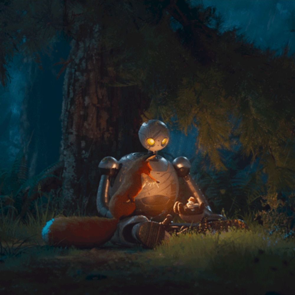 a robot is sitting next to a fox in the woods