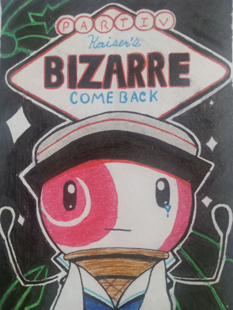 A drawing of Kaiser the ice cream in a blue uniform. He is lifting his hands up towards the title card as stars and neon leaves are in the black background.