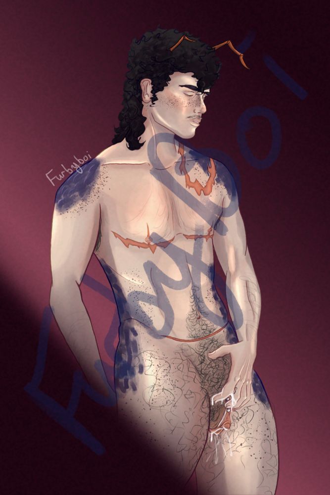 Full body rendered image of Holt(they/them) a nonbinary person with bluish scales on their hips, waist, and shoulders, bug antenna on their head, the right one half torn, large werewolf bite scar on their left shoulder, top scars, a c section like scar, moderate body hair, a thin mustache, and curly black mullet, is standing, eyes closed, biting their lip post orgasm. One arm is back behind them, the other is above their tdick, covered in cum, cum is dripping from their tdick and covers their fingers and inner thigh. There is very dark pink gradient in the foreground and background