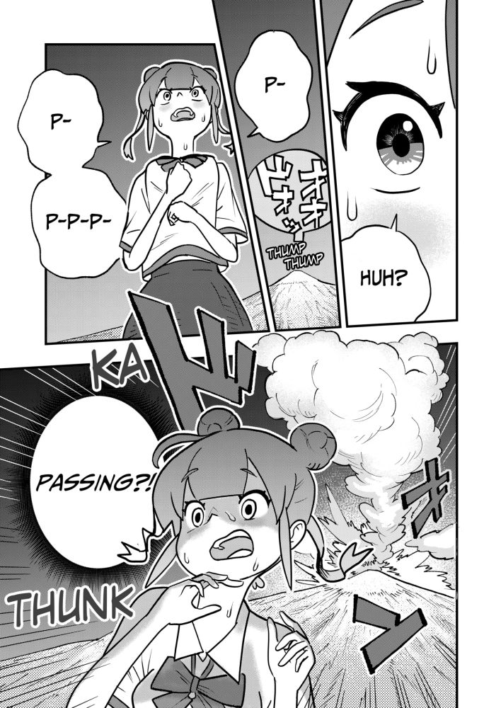 a page of a manga. in the first 3 chapters a girl stutters the letter "p" over and over as a volcano rumbles behind her.
in the bottom half page panel she thinks "passing?!" with a surprised look of anguish as a volcano erupts. sound effects say ka thunk.