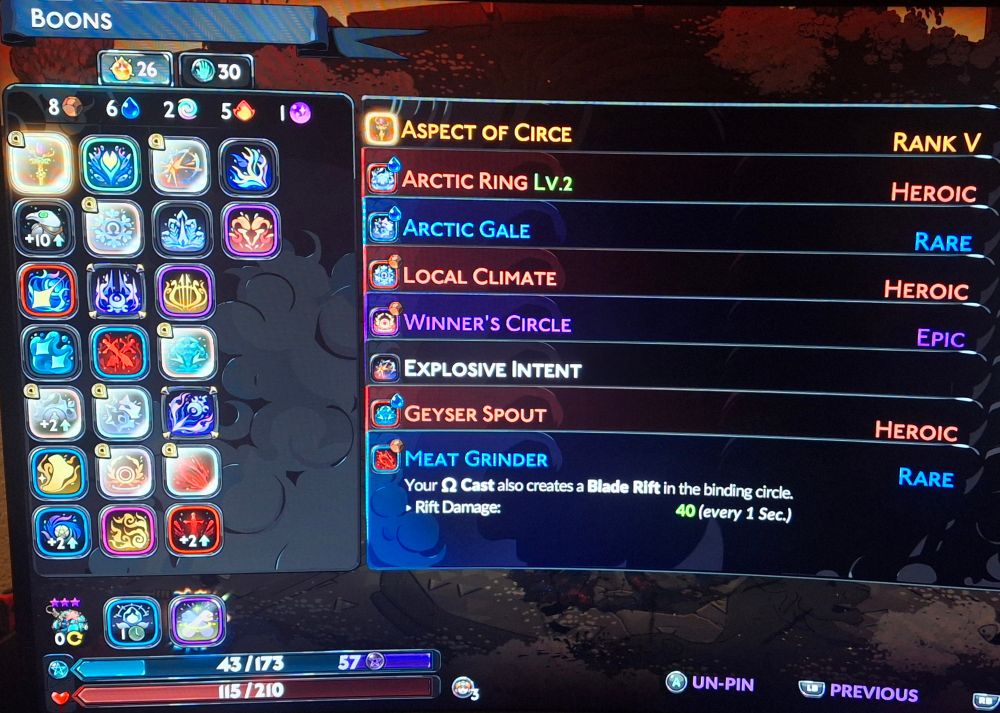 Hades 2 screen showing Aspect of Circe and several Boons, including Heroic Arctic Ring, Rare Arctic Gale, Heroic Local Climate, Epic Winner's Circle, Explosive Intent, Heroic Geyser Spout, and Rare Meat Grinder