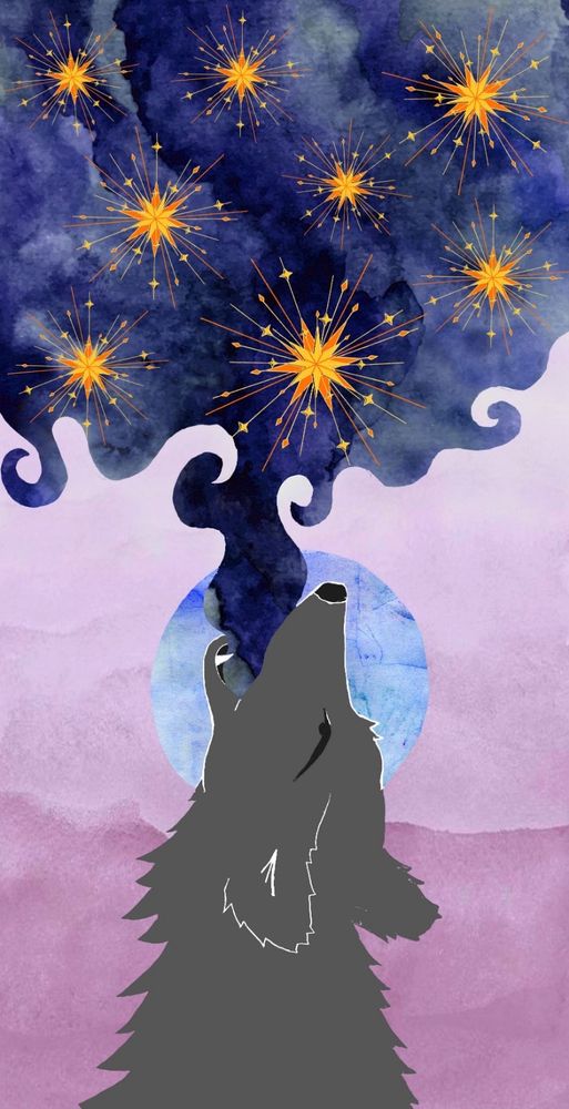 Oracle card from ‘Find Ypur Spark’ deck by Zoë Dawes. Grey Wolf open mouth with dark sky and golden sparks coming out. Pink background and blue full moon. 