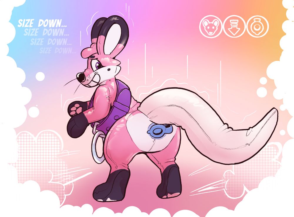 Pink fox shrinking into a tiny inflatable mouse
