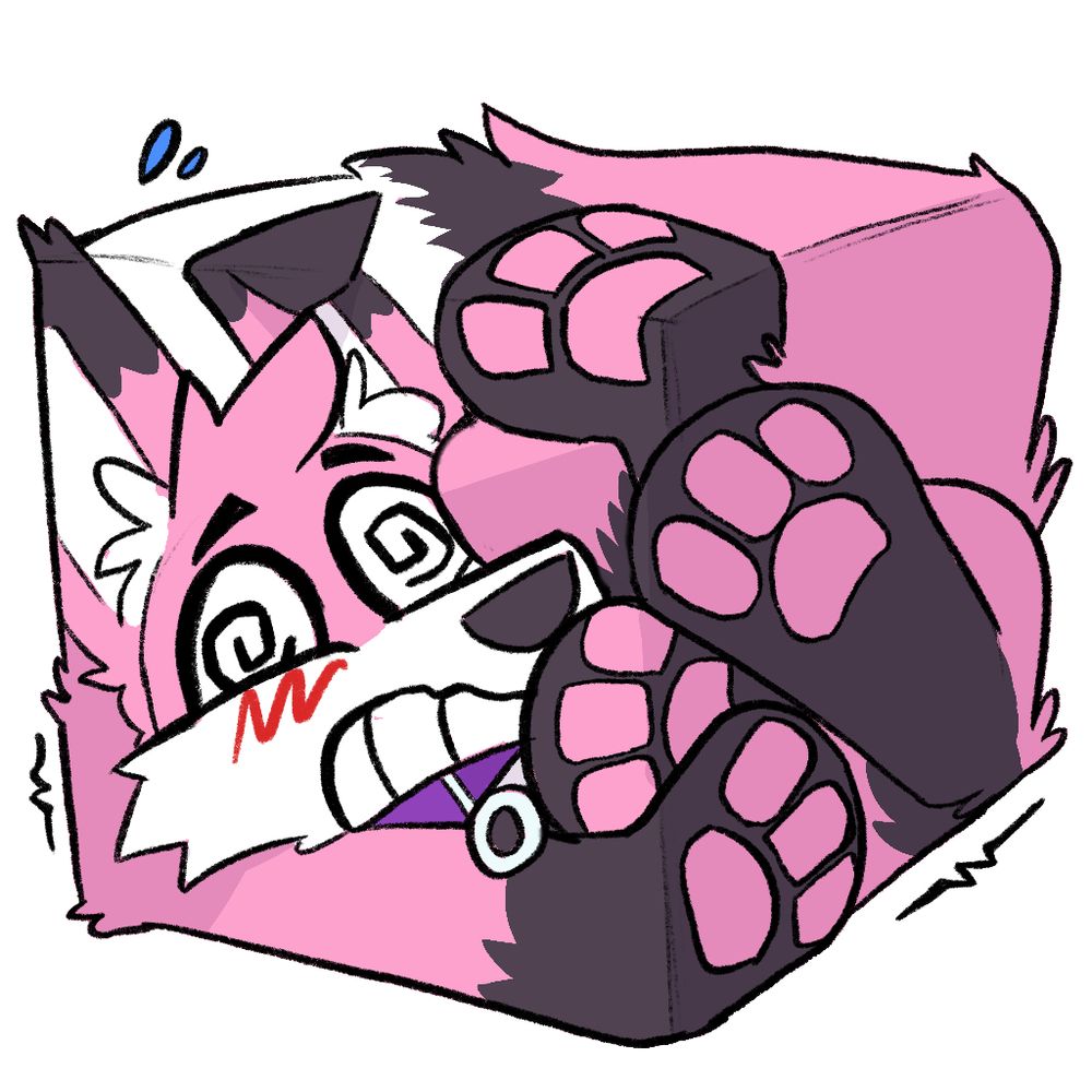 Jay, a pink fox, squished into a cube shape with all four paws meeting on one edge