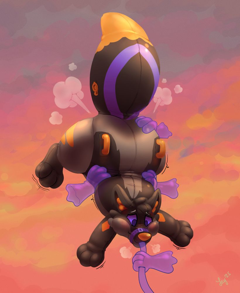 An inflatable fox floating into the sky while being squished by ghost hands