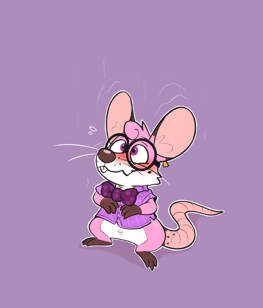 illustration of a nervous, tiny, pink mouse wearing a dorky bowtie and thick round glasses