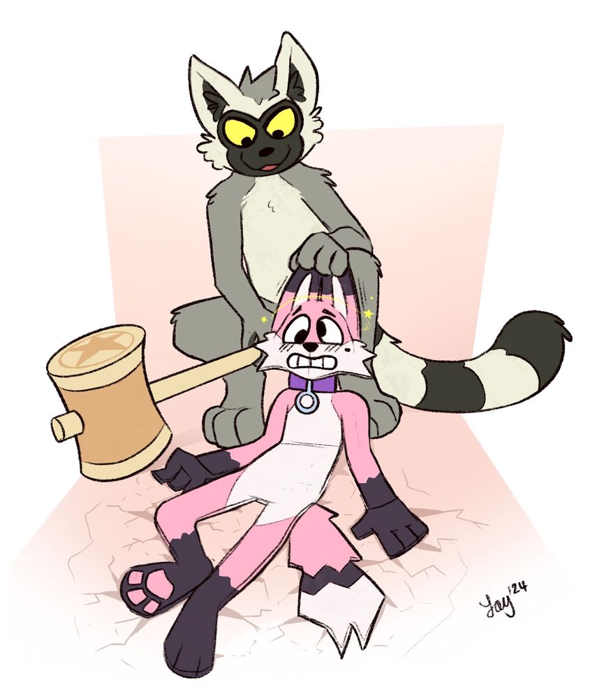 Taylor, a toony anthro Lemur, crouching down to peel a dazed-looking fox off the floor after flattening him with a mallet.