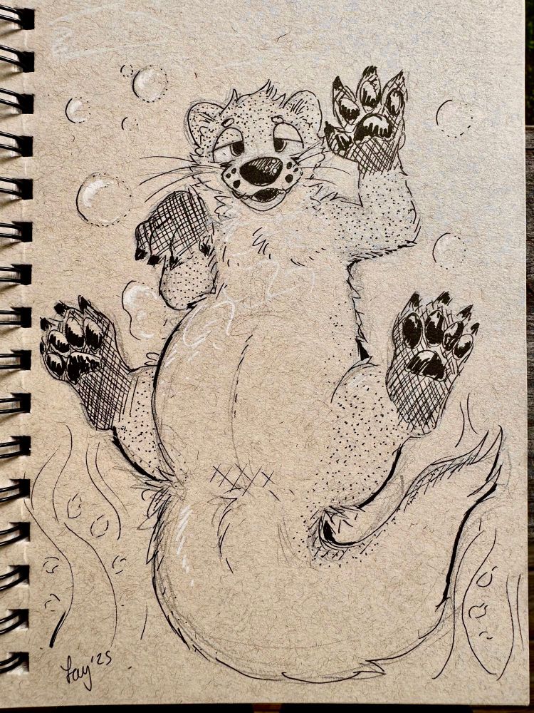 Traditional ink on tan paper illustration of a chunky otter underwater 