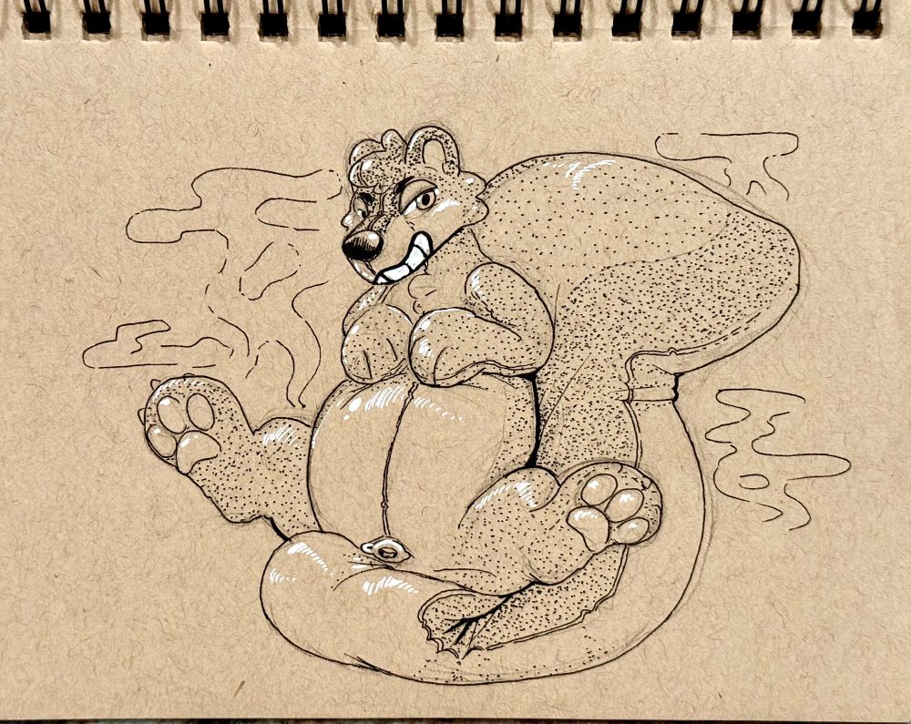 Illustration of a pooltoy skunk sitting on their own tail