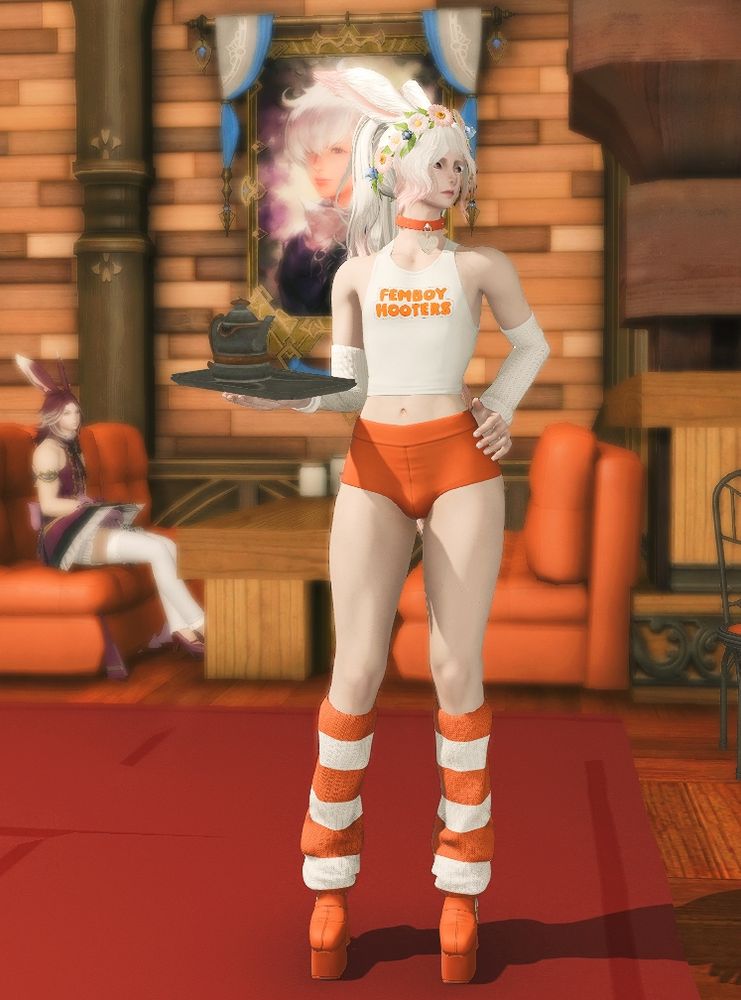 An albino viera man working at femboy hooters. He has a long white ponytail with pink highlights, a flower crown, and a Femboy Hooters top white tank top and orange hooters short shorts. He also has white arm warmers, and orange and white stripes leg warmers. He has orange platform heels. He has a matching orange collar.
He carries a tray with tea in his right hand, and his left hand is on his hip. He looks off to his left, off camera.
He is super cute, trust me.