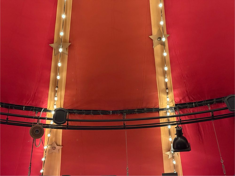 Two parallel, vertical light strands on the inside of a circus tent ceiling have 2 lightbulbs out, referencing a long running gag that Caesar McMagic is responsible for maintaining the light bulbs in Disney Parks worldwide.