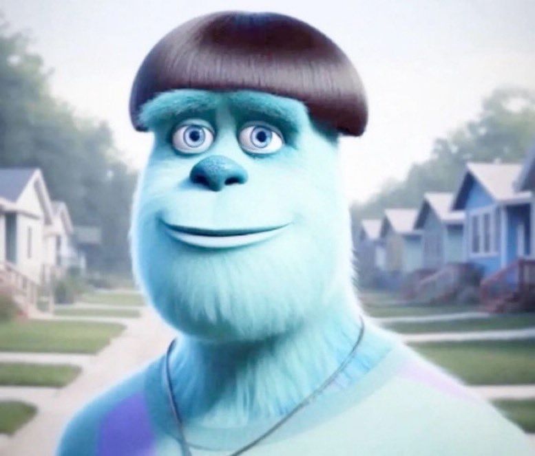 Sully from monsters Inc (a blue purple tall hairy monster) with a super short fuck ass bob cut black wig.