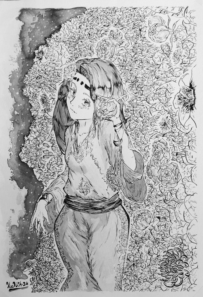Drawing of a woman with a mark on the forehead.
She has a flower in her long hair and hold a peony in her hand. She wears a long dress and stands against a big wall of leaves and flowers (with roses, peonies, lilies, chrysanthemum...)