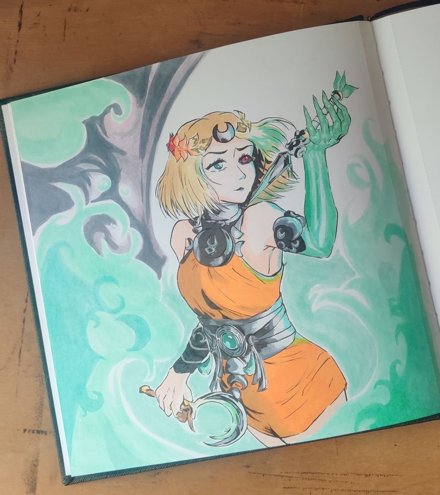 Drawing of Melinoë from Hades II standing in green flames, holding Artemis' daggers