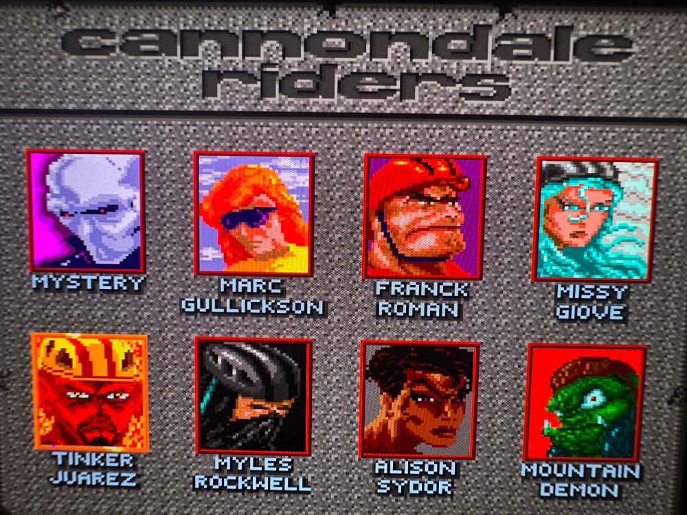 A character select screen from the SNES BMX game Cannondale Riders with some absolutely bizarre characters. 
