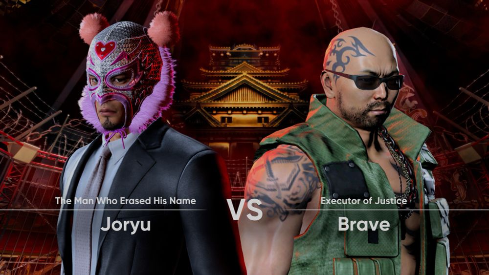 A VS screen of like a Dragon: the man who erased his name showing the executor of justice, a bald tattooed man who looks like a Direct to Streaming Dave Bautista going up against the legend himself, Kazuma Kiryu