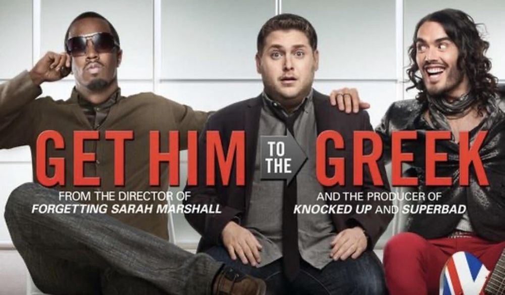 Get Him To The Greek poster with Diddy, Jonah Hill, and Russell Brand.