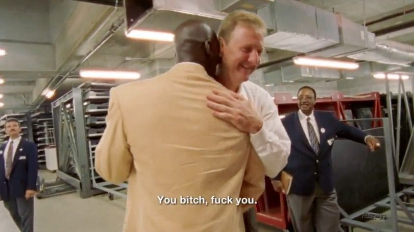 MJ-Larry Bird hug from The Last Dance 