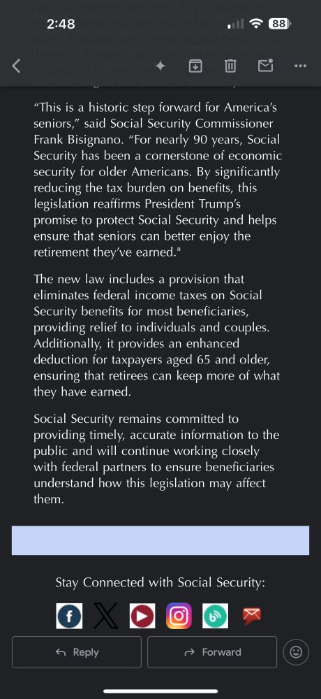 An email from the social security office claiming an end to Federal taxes for 90% of senior recipients