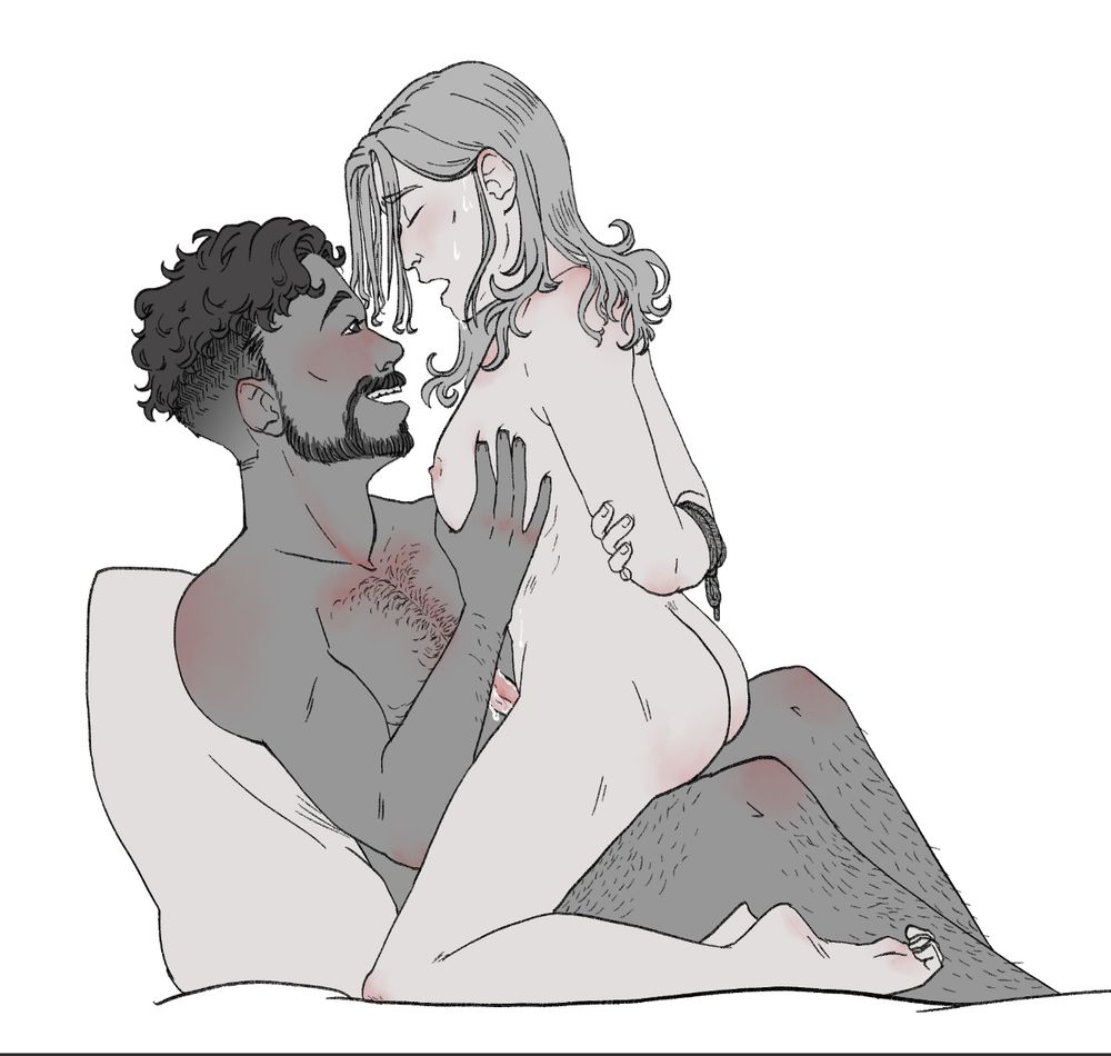 Two men having sex. One is riding the other with closed eyes and arms tied behind his back. The man he is riding is smiling sweetly. They are both very into it. 