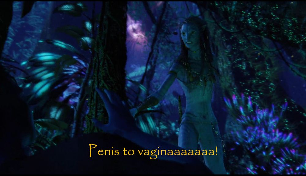 Movie still from Avatar (2009) with Zoey Saldana as a big blue alien pointing a weapon at Sam Worthington in his blue alien body the subtitles in papyrus font read "Penis to vaginaaaaaaa!"