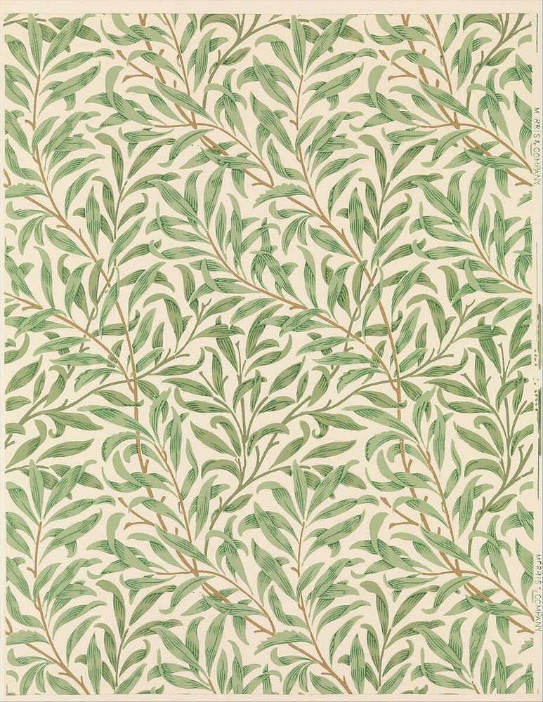 William Morris designed forty-one wallpapers and five ceiling papers, working from 1862 with Morris, Marshall, Faulkner, and Company and from 1875 with Morris & Company. "Willow Bough" proved to be one of the company's most enduring patterns with interlaced green willow leaves and brown stems over a cream ground. First produced in 1887, it should be distinguished from the slightly earlier "Willow" of 1885 where the leaves are flatter and less densely arranged. If the elegantly stylized "Willow" communicates a Japanese sensibility, "Willow Bough" offers greater naturalism.