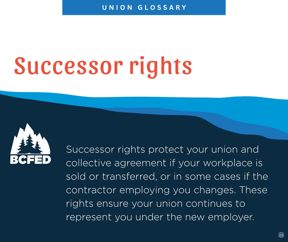 UNION GLOSSARY

Successor rights

Successor rights protect your union and collective agreement if your workplace is sold or transferred, or in some cases if the contractor employing you changes. These rights ensure your union continues to represent you under the new employer.

BCFED