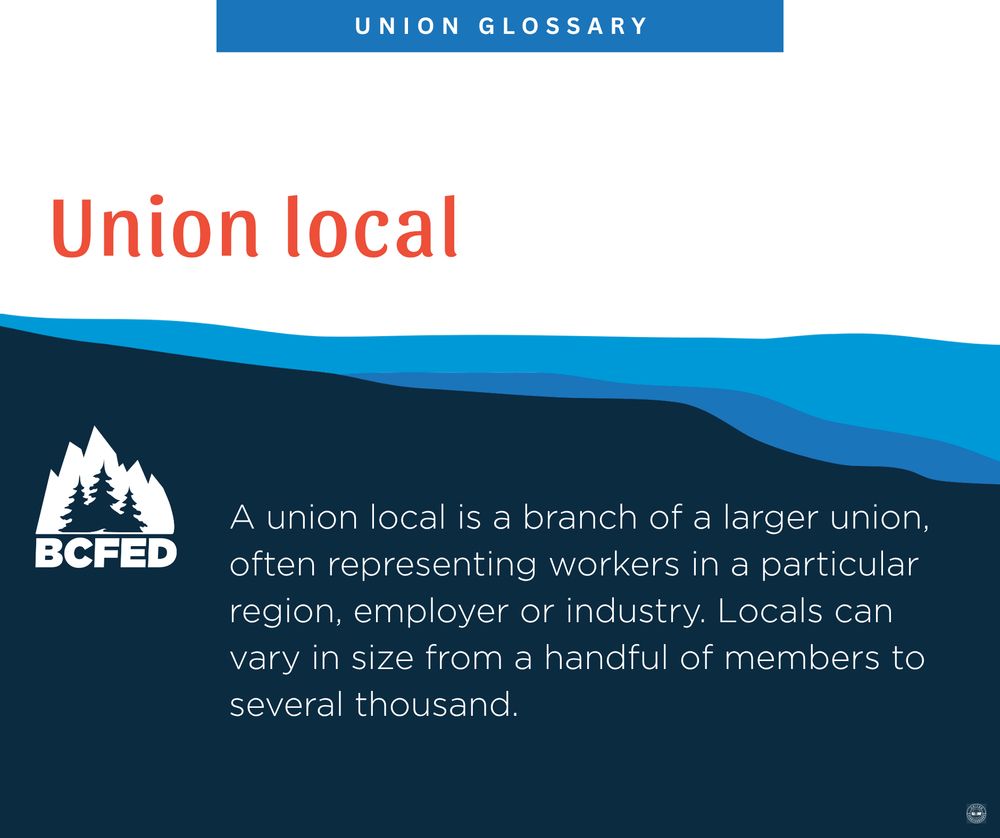 UNION GLOSSARY

Union local

A union local is a branch of a larger union, often representing workers in a particular region, employer or industry. Locals can vary in size from a handful of members to several thousand.

BCFED