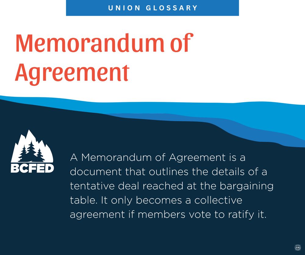 UNION GLOSSARY

Memorandum of

Agreement

A Memorandum of Agreement is a document that outlines the details of a tentative deal reached at the bargaining table. It only becomes a collective agreement if members vote to ratify it.

BCFED