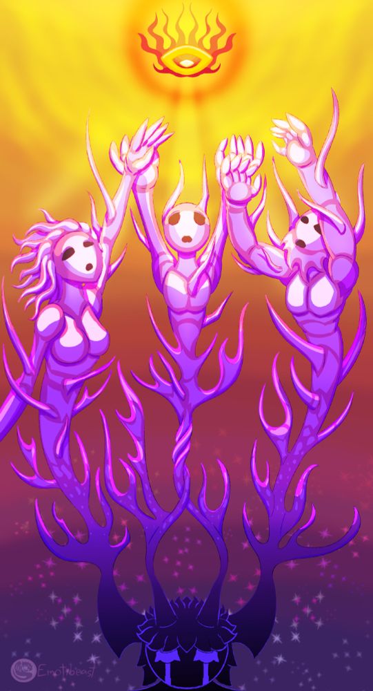 Strange creatures reach out towards a flaming eye wishing to be seen