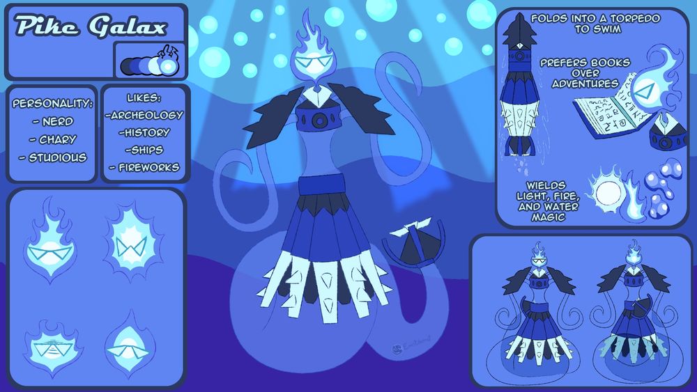 Pike Galax is a large ghostly and metallic creature. She's described as a chary and studious nerd. She has more interest in history and archeology than she does adventuring. She can wield the elemental forces of fire, water, and light to her will. She can also fold herself into a torpedo in order to swim through the water fast.