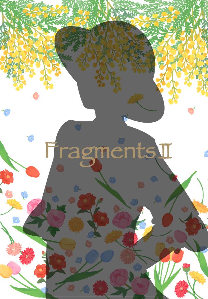 新刊表紙。白の表紙に彼の影のシルエット、そして色とりどりの花。タイトルはFragmentsⅡ。