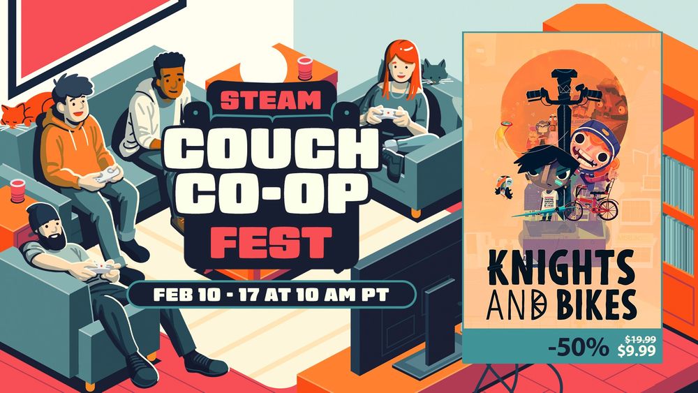 Banner for the Steam Couch Co-op Fest for Knights and Bikes advertising a 50% discount to $9.99 with the dates Feb 10-17.