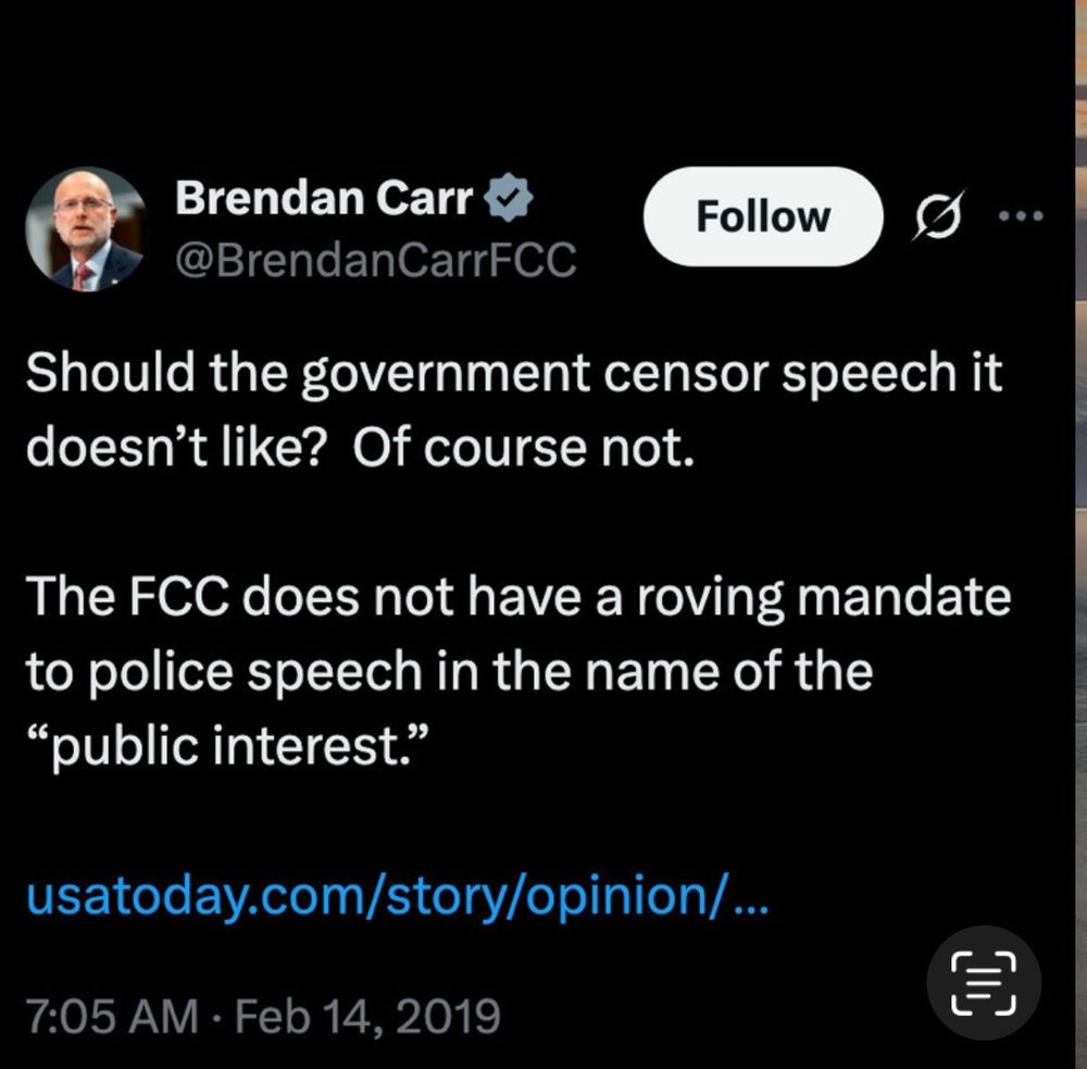Tweet text: 

Brendan Carr

@BrendanCarrFCC


...

Should the government censor speech it doesn't like? Of course not.

The FCC does not have a roving mandate to police speech in the name of the "public interest."

usatoday.com/story/opinion/...

7:05 AM

Feb 14, 2019