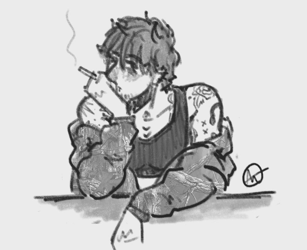 A black and white digital sketch of a white, tattooed transgender man leaning against a table in a sports bra and oversized jacket. He is smoking and looking blankly at the viewer.